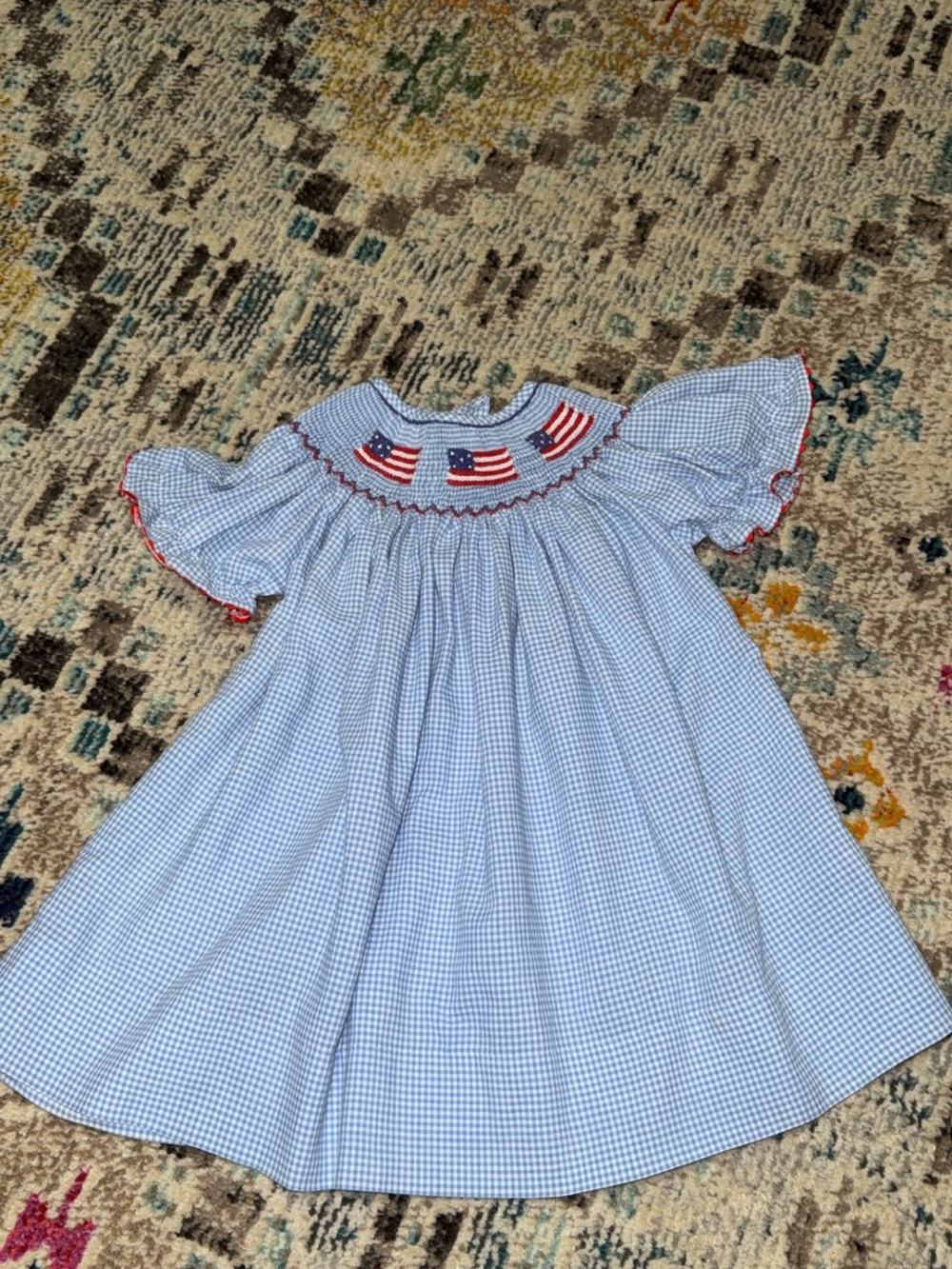 Girls' Blue Gingham Smocked Dress with Flag Detail